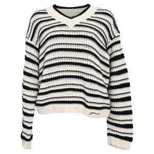 Ganni Striped Knitted V-Neck Sweater in White and Black Cotton